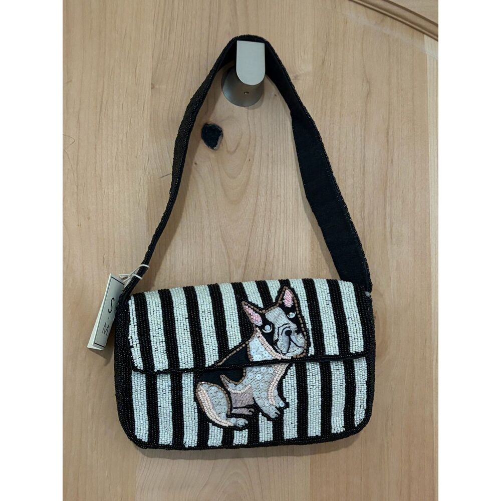 Sol & Mer Hand Beaded French Bulldog Bag Black White Stripe Frenchie Purse NWT